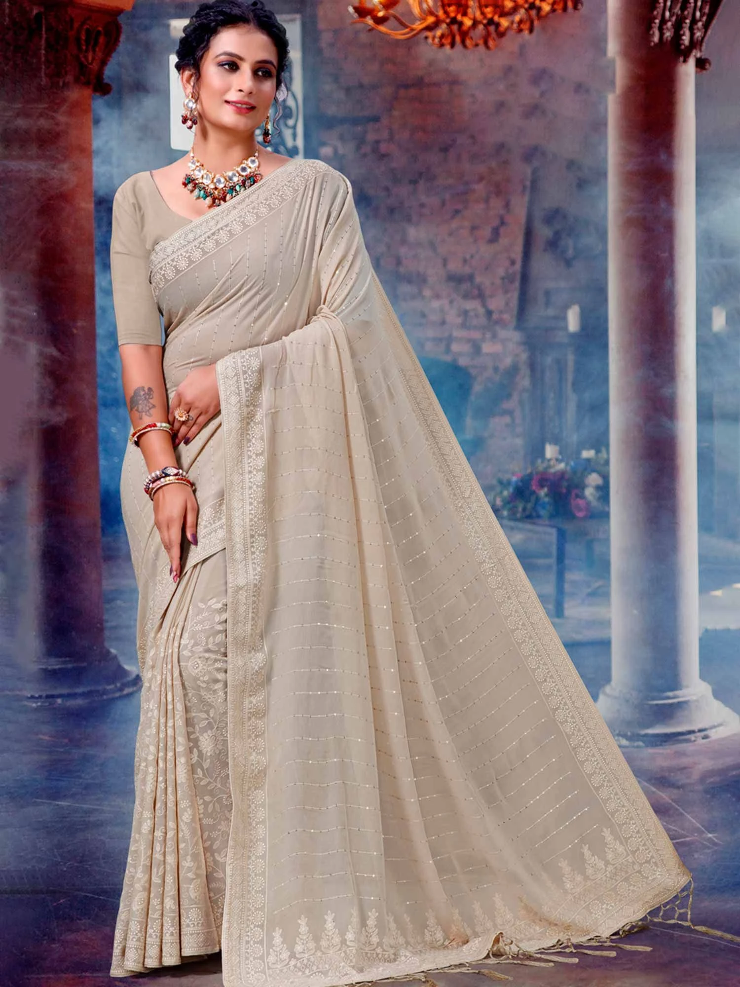 Grey Festive Saree With Embroidery Work 3 Grey Festive Saree With Embroidery Work