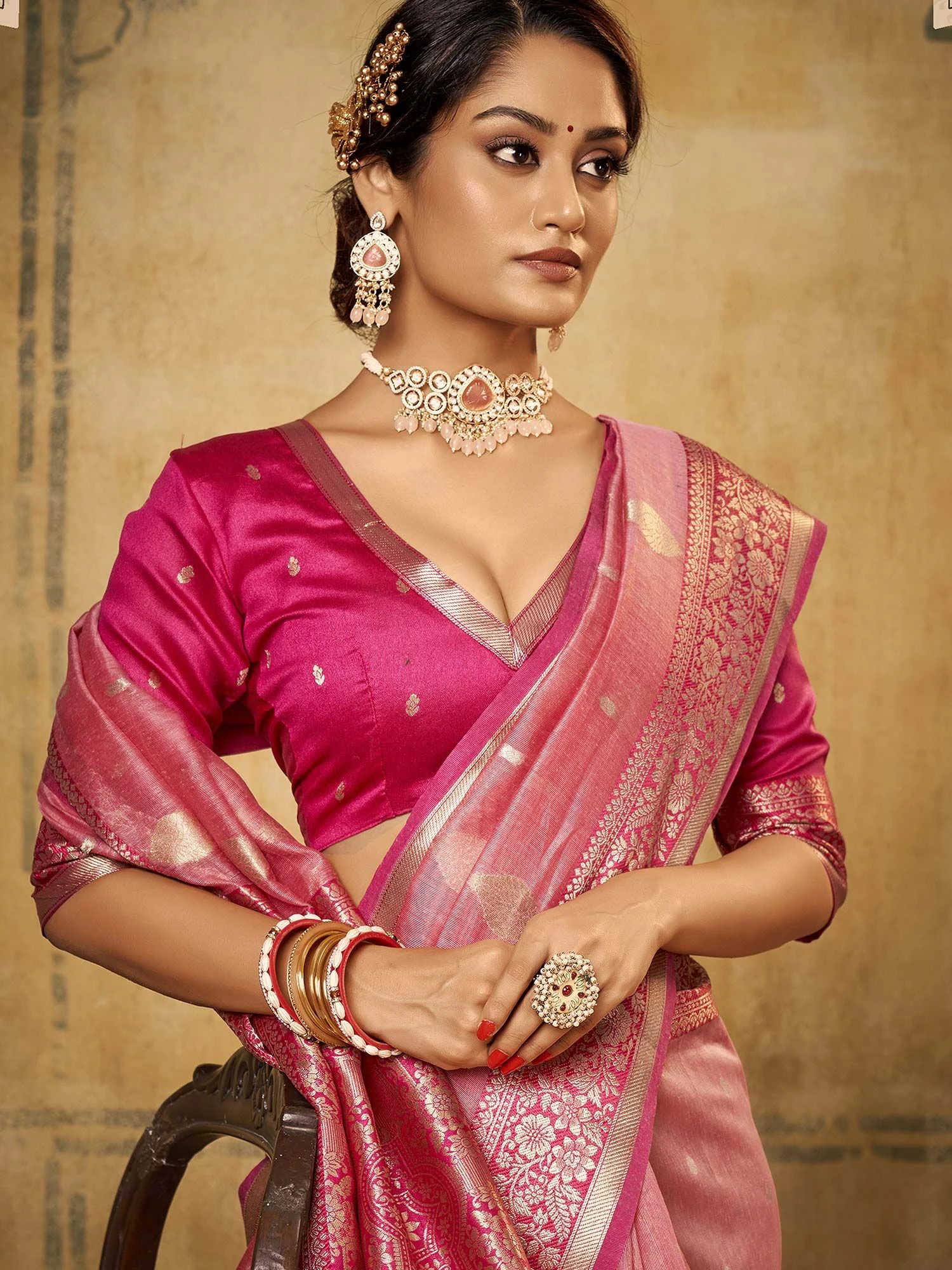 Pink Festive Tissue Saree With Zari Weaves 4 Pink Festive Tissue Saree With Zari Weaves - Image 2