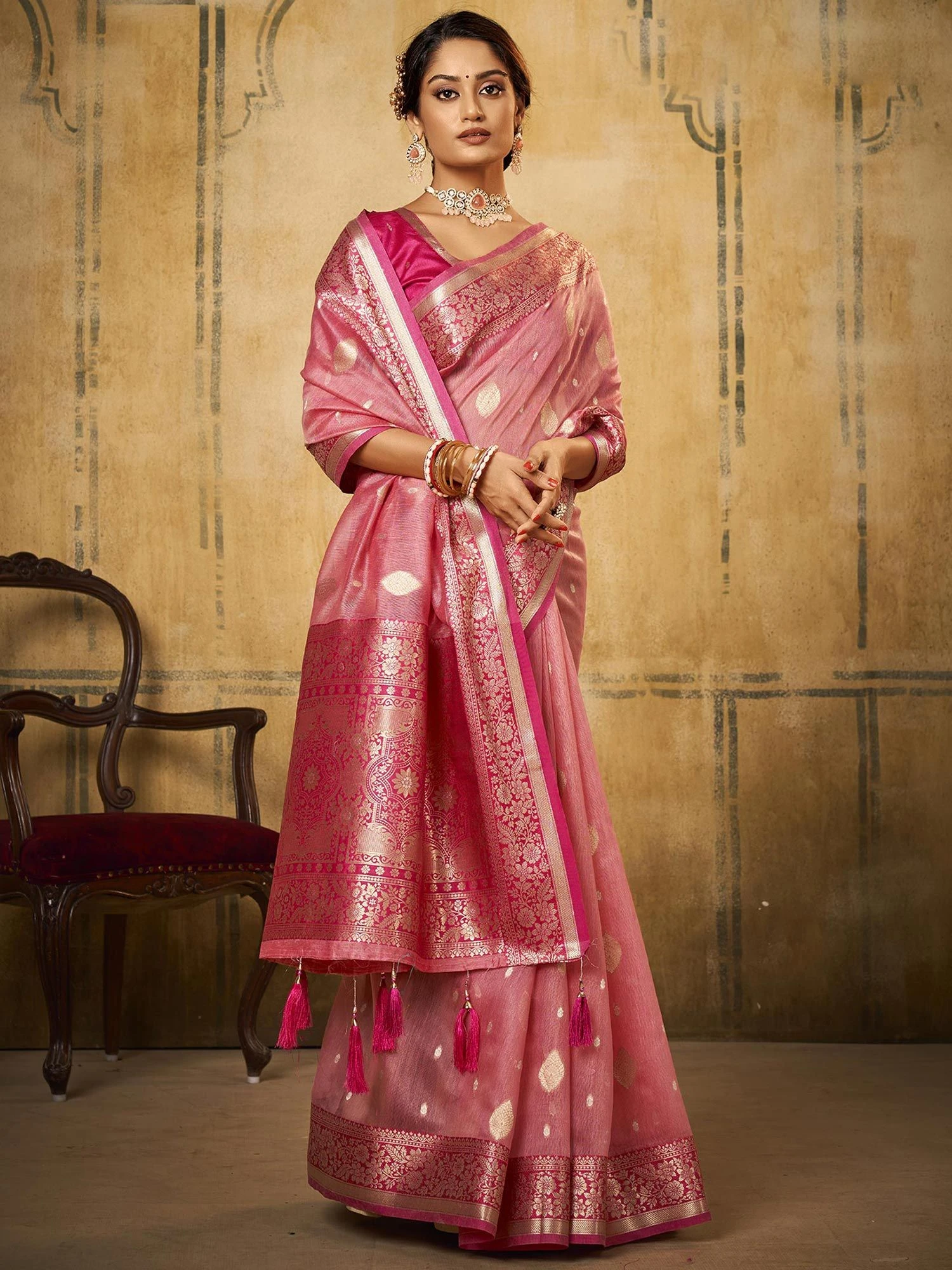 Pink Festive Tissue Saree With Zari Weaves 3 Pink Festive Tissue Saree With Zari Weaves