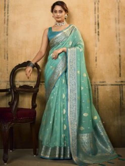 Blue Woven Party Wear Saree In Tissue
