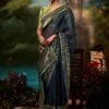 Dark Blue Silk Saree With Stone Work