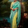Turquoise And Yellow Half N Half Silk Saree
