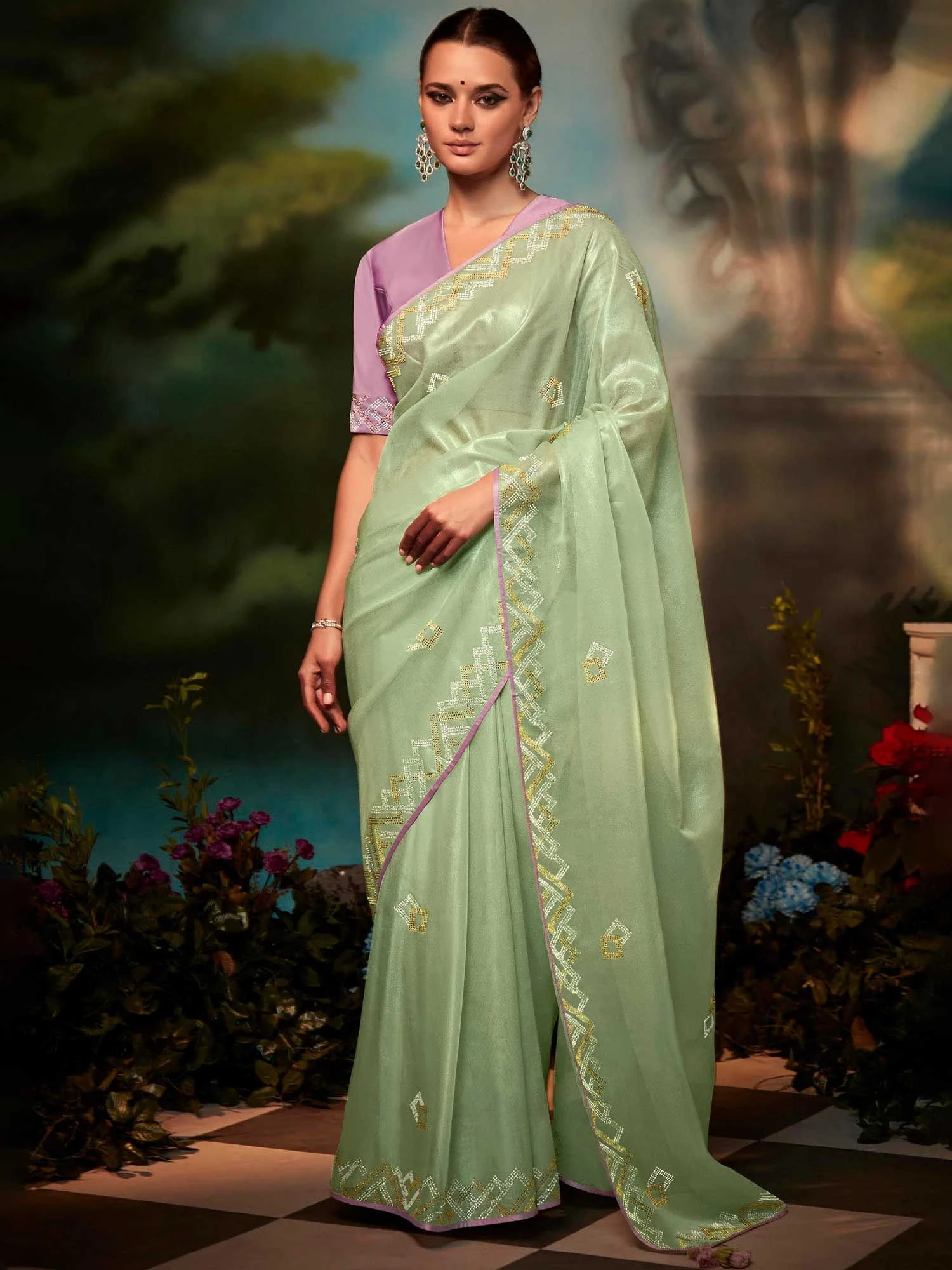 Light Green Stone Embellished Silk Saree 3 Light Green Stone Embellished Silk Saree