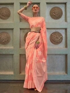 Peach Chikankari Work Saree In Silk