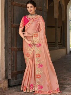 Peach Embroidered Border Wedding Saree In Silk