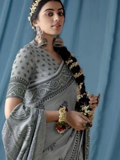 Grey Casual Saree And Blouse In Linen -Riwaayat Store p2037sr02 1