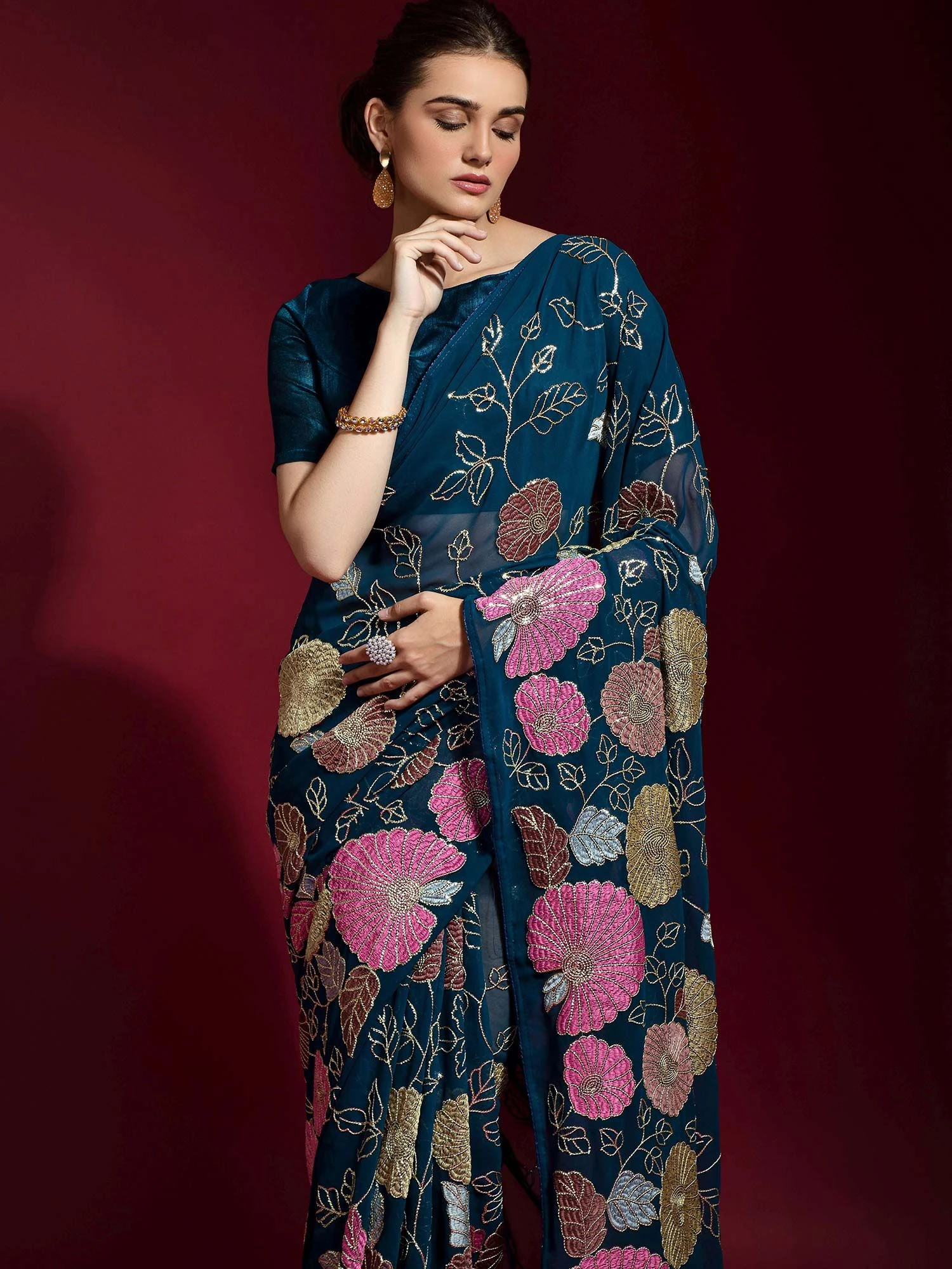 Blue Silk Saree With Resham Embroidery 4 Blue Silk Saree With Resham Embroidery - Image 2