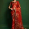 Red Floral Printed Festive Saree In Georgette