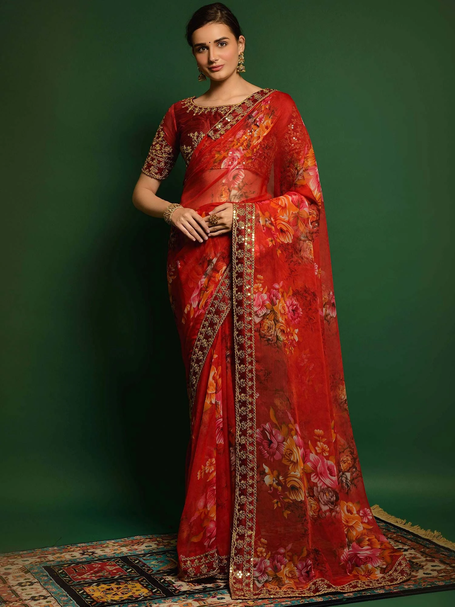 Red Floral Printed Festive Saree In Georgette 3 Red Floral Printed Festive Saree In Georgette