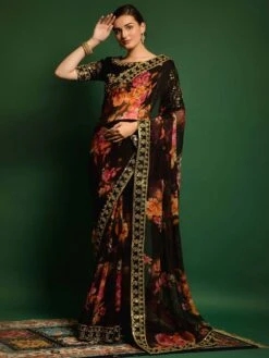 Black Georgette Saree With Floral Prints