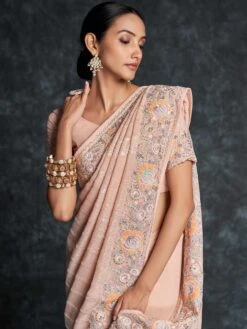 Peach Georgette Wedding Saree With Embroidered Border -Riwaayat Store p2045sr02 1