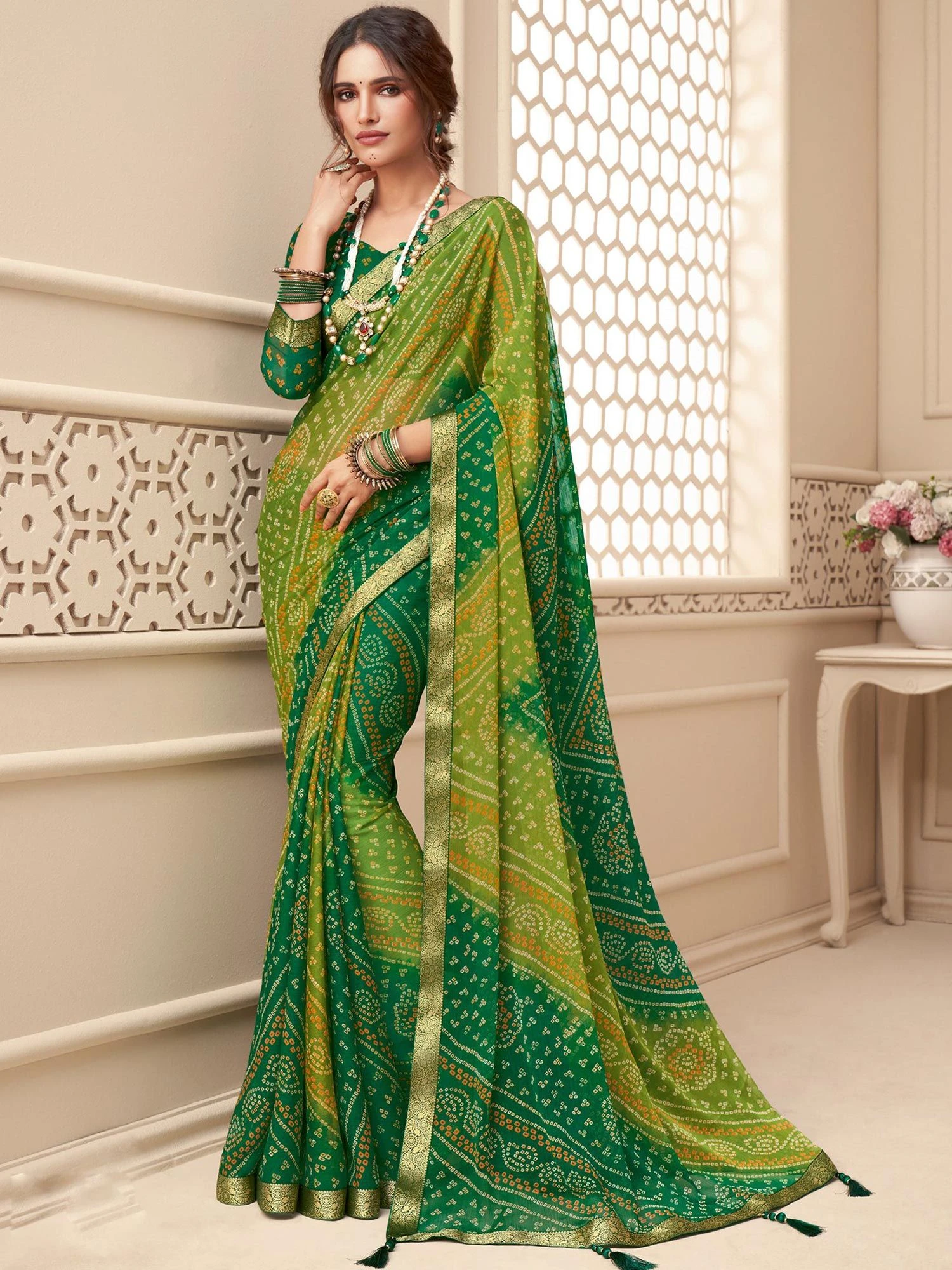 Green Chiffon Saree With Bandhej 3 Green Chiffon Saree With Bandhej