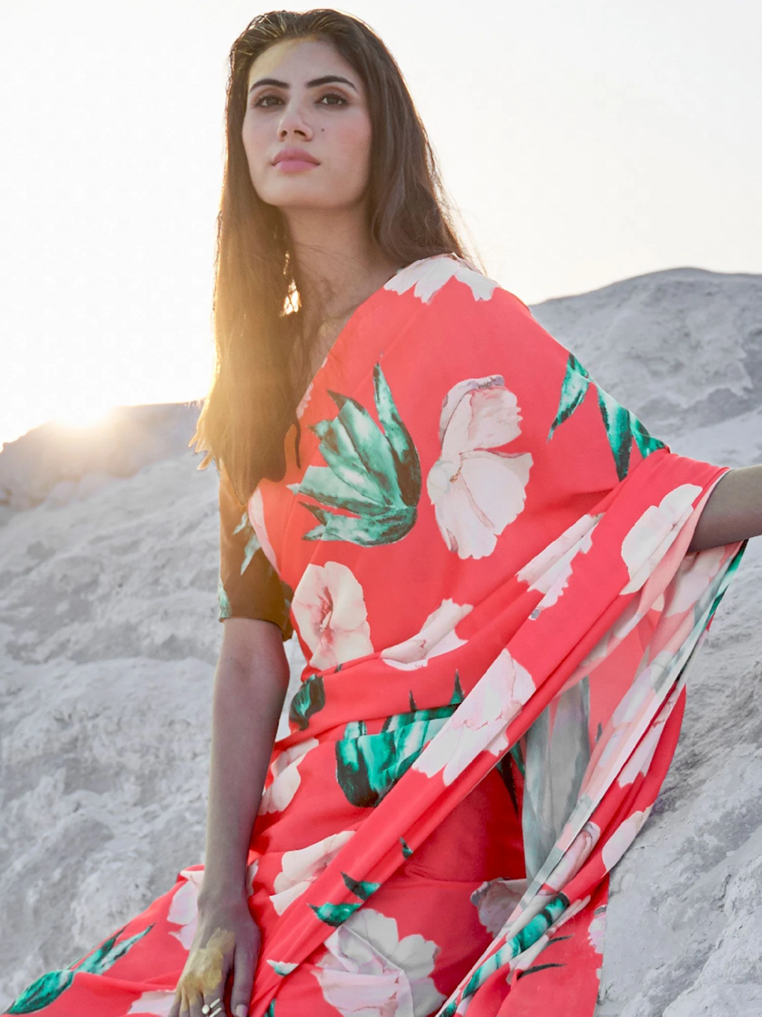 Peach Floral Party Wear Saree In Satin 4 Peach Floral Party Wear Saree In Satin - Image 2