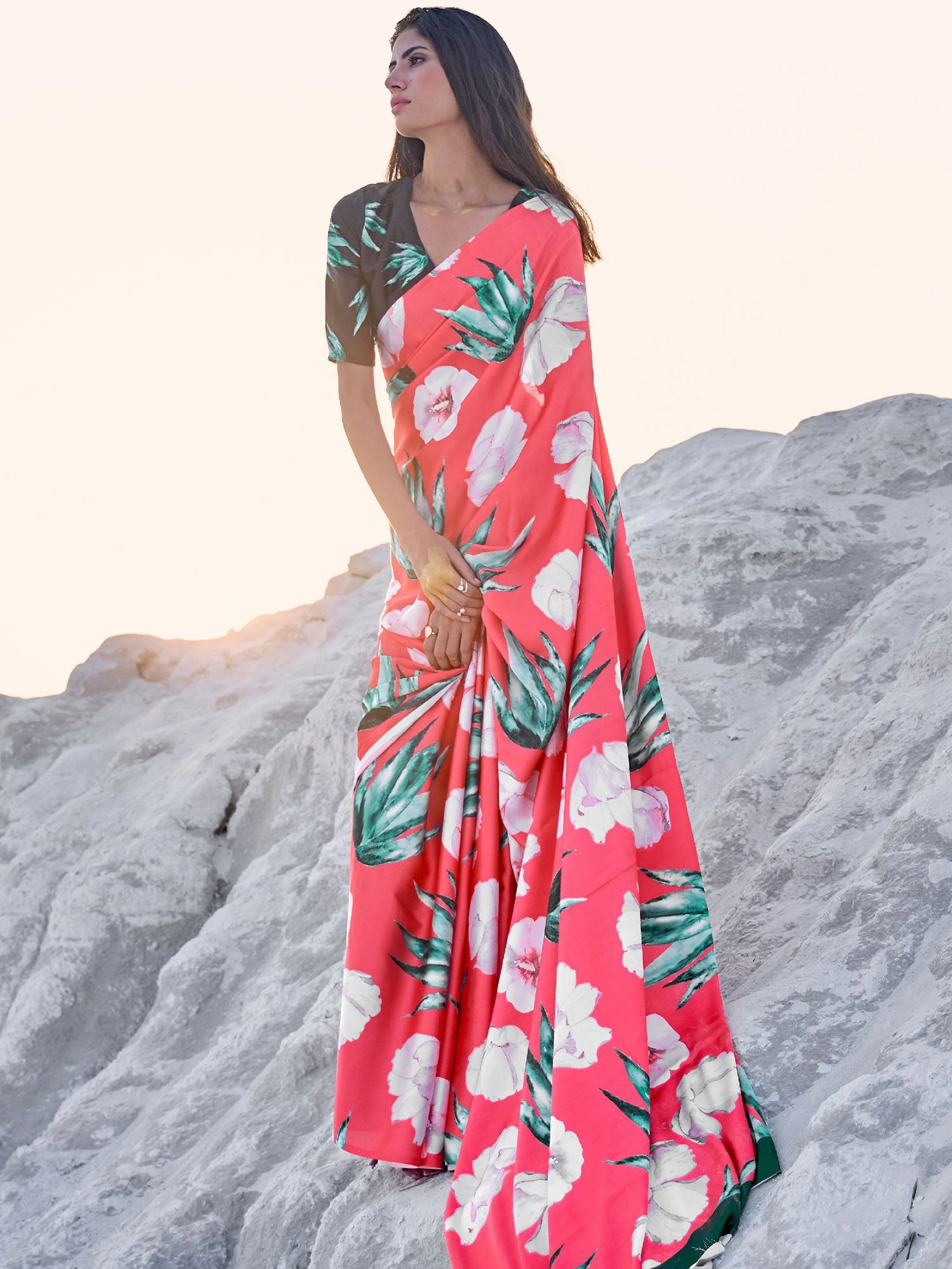 Peach Floral Party Wear Saree In Satin 3 Peach Floral Party Wear Saree In Satin