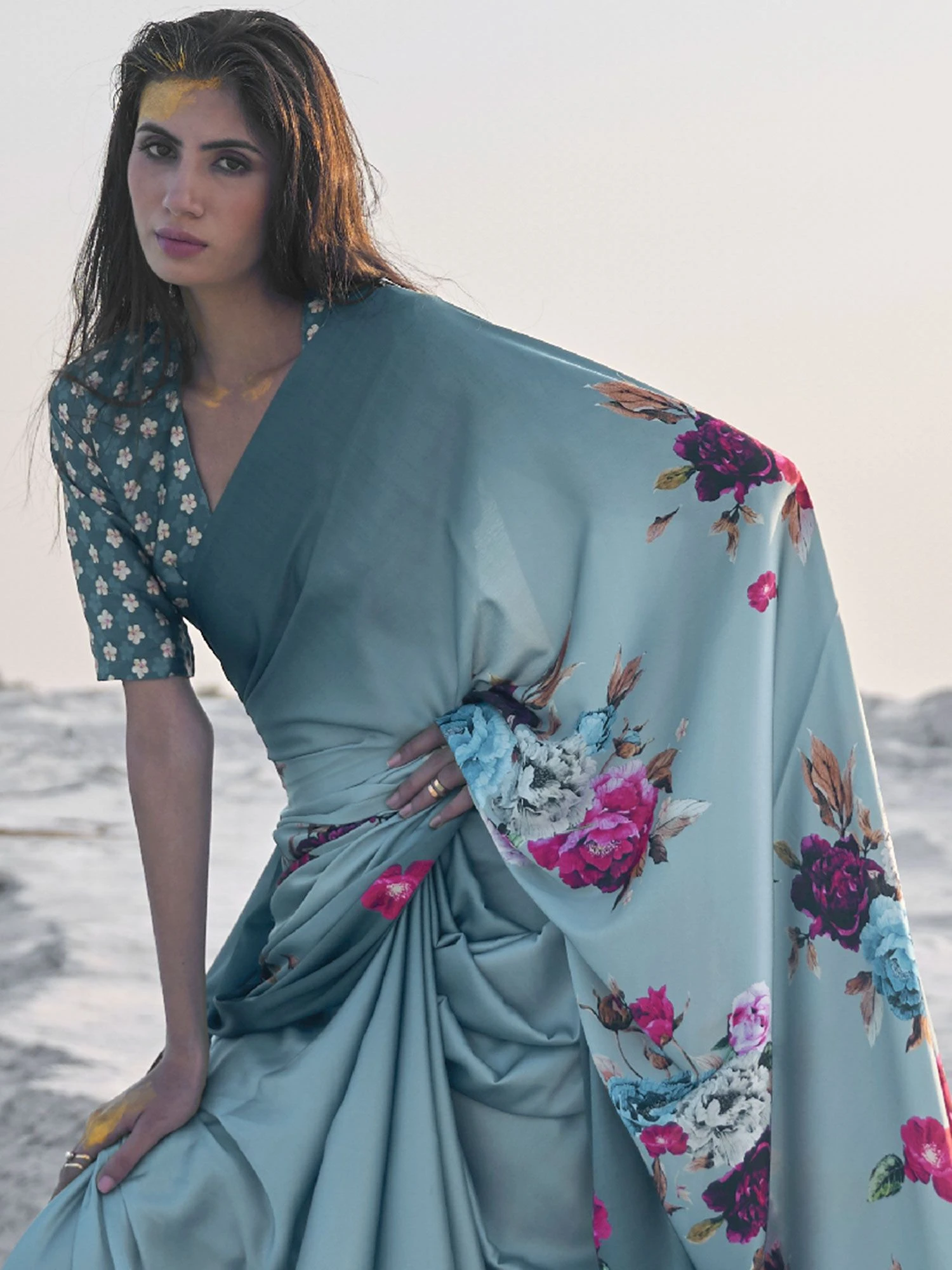 Blue Party Wear Satin Saree With Prints 4 Blue Party Wear Satin Saree With Prints - Image 2