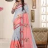Grey And Peach Embroidered Saree In Silk -Riwaayat Store p2085sr08
