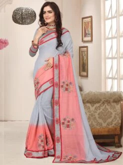 Grey And Peach Embroidered Saree In Silk
