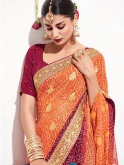 Orange And Maroon Bandhani Print Georgette Saree 5 Orange And Maroon Bandhani Print Georgette Saree -Riwaayat Store p2091sr08 1