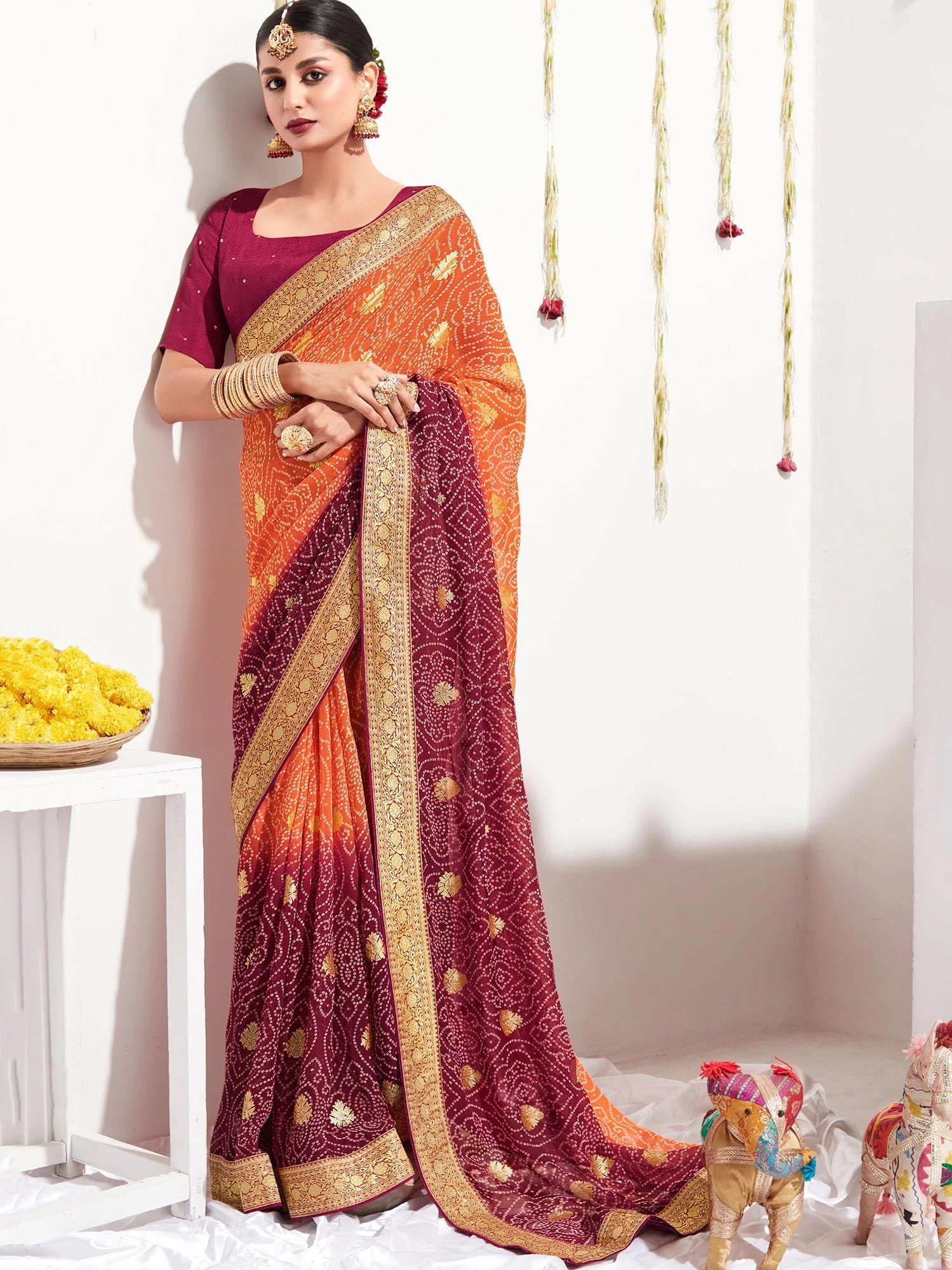 Orange And Maroon Bandhani Print Georgette Saree 3 Orange And Maroon Bandhani Print Georgette Saree