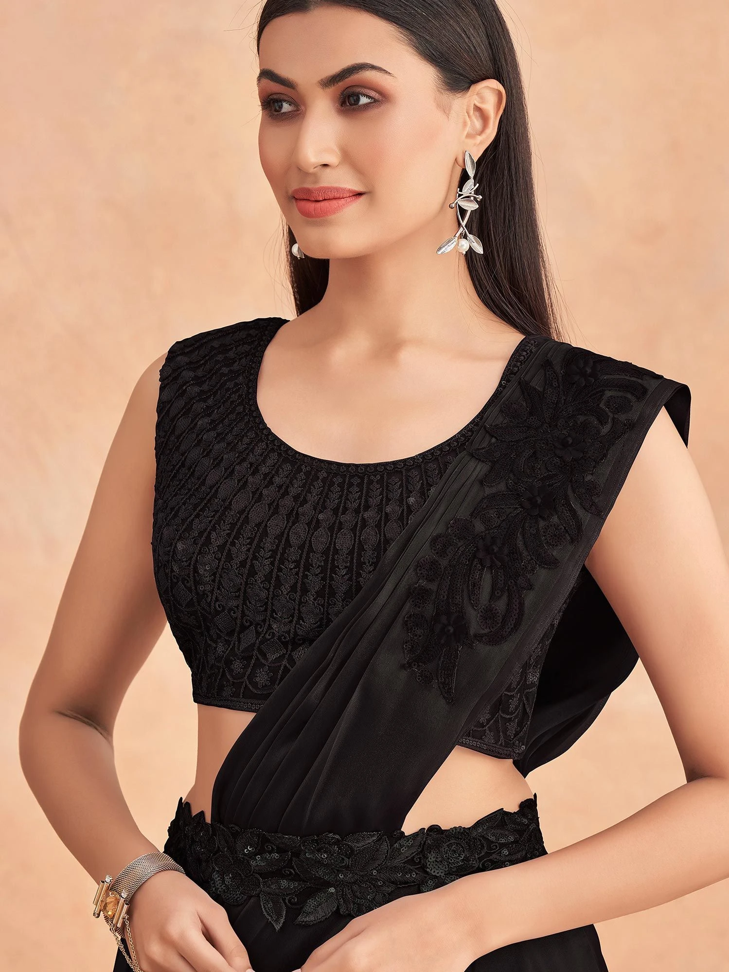 Black Cocktail Pre-Stitched Saree In Satin 4 Black Cocktail Pre-Stitched Saree In Satin - Image 2