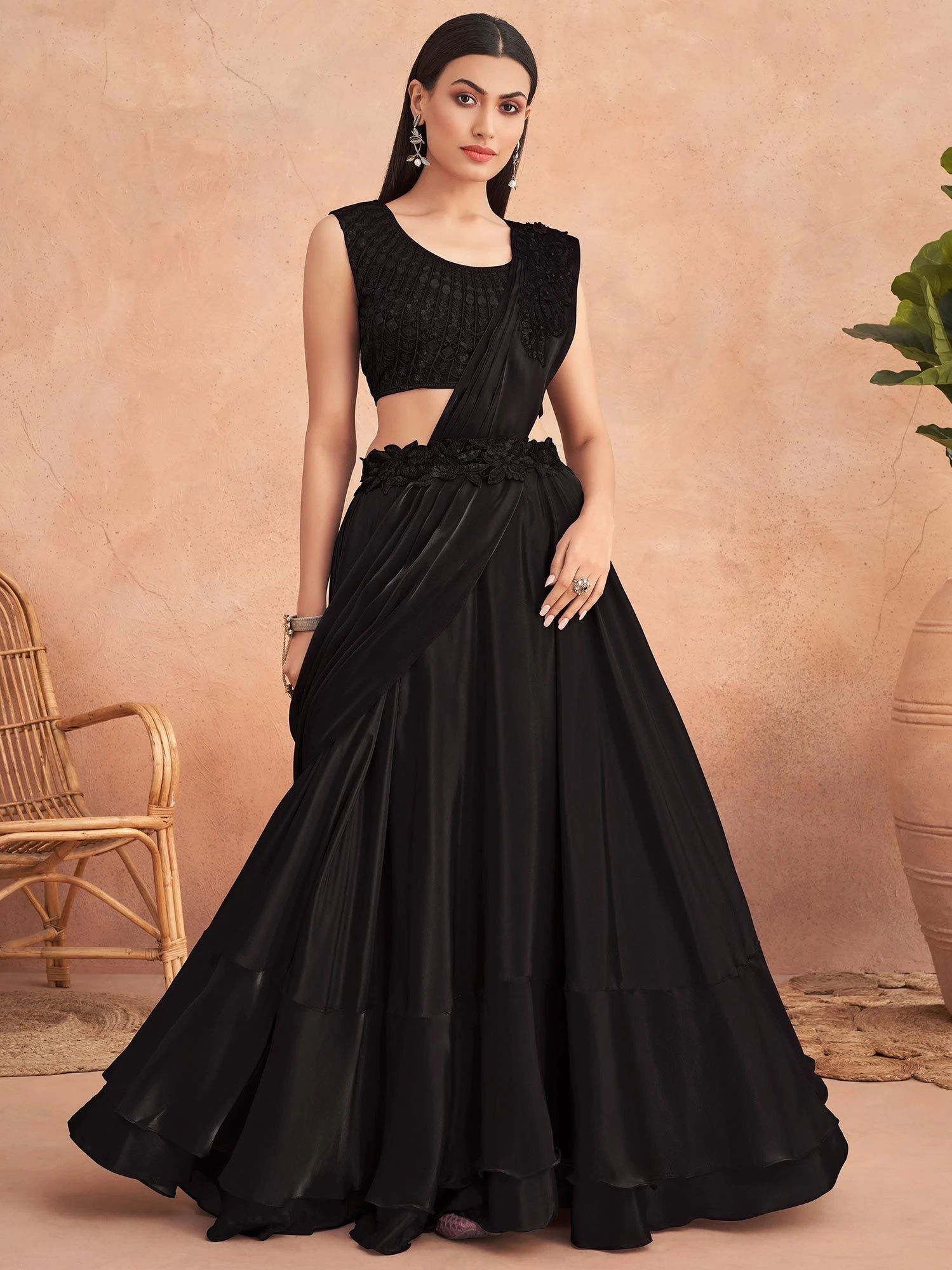 Black Cocktail Pre-Stitched Saree In Satin 3 Black Cocktail Pre-Stitched Saree In Satin