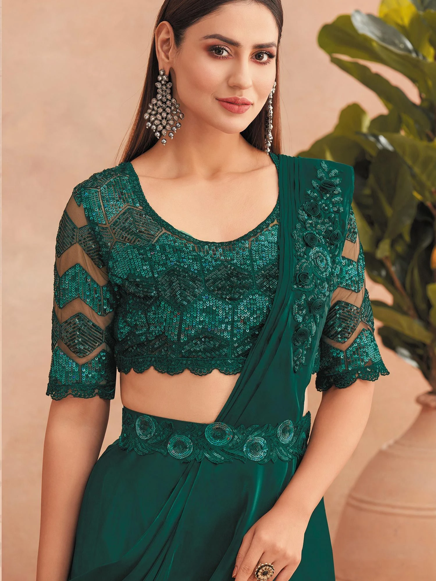 Green Pre-Stitched Saree With Embroidered Blouse 4 Green Pre-Stitched Saree With Embroidered Blouse - Image 2