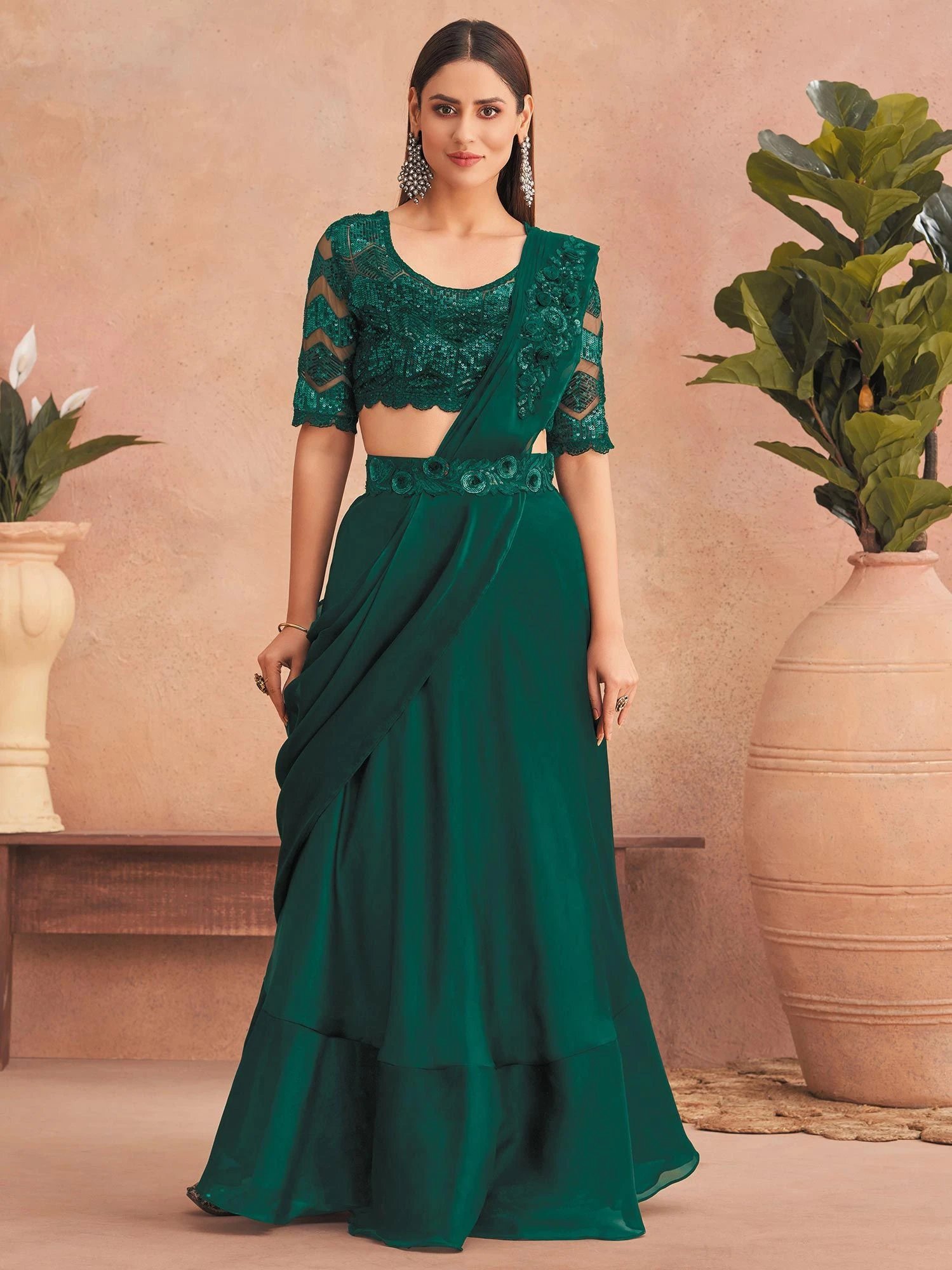 Green Pre-Stitched Saree With Embroidered Blouse 3 Green Pre-Stitched Saree With Embroidered Blouse