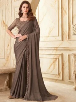 Brown Party Wear Saree With Sequins Embroidery