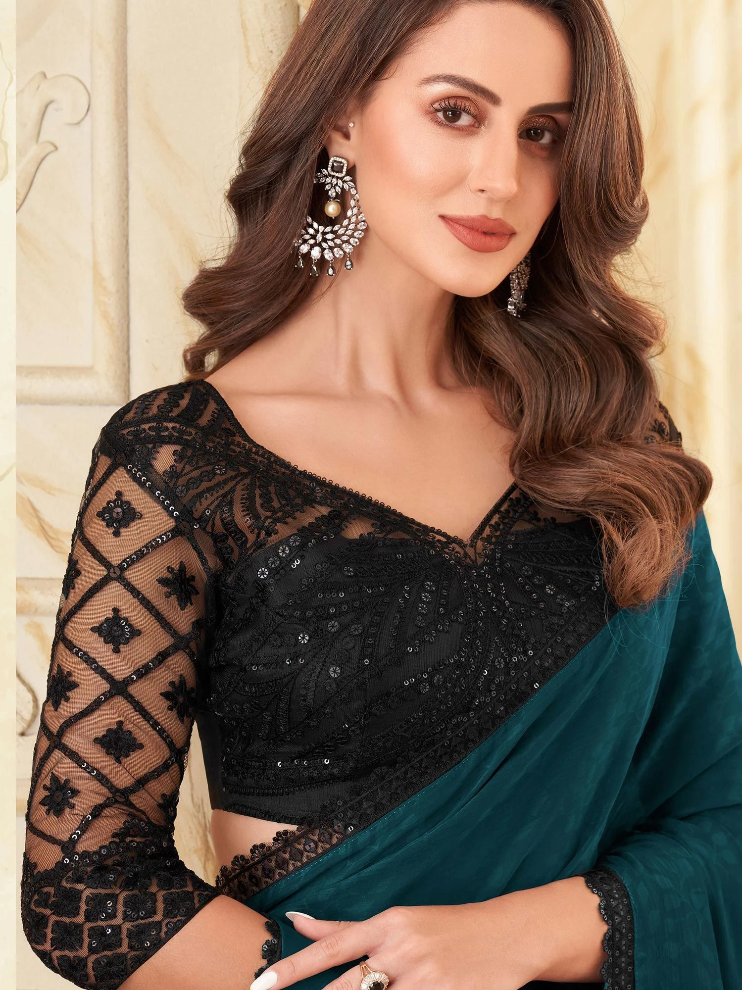 Blue Georgette Saree With Embroidered Borders 4 Blue Georgette Saree With Embroidered Borders - Image 2