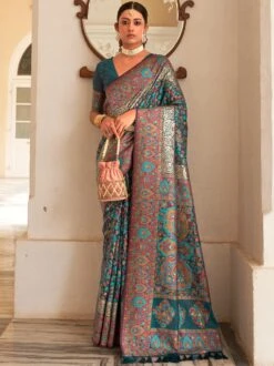 Blue Floral Woven Wedding Wear Saree