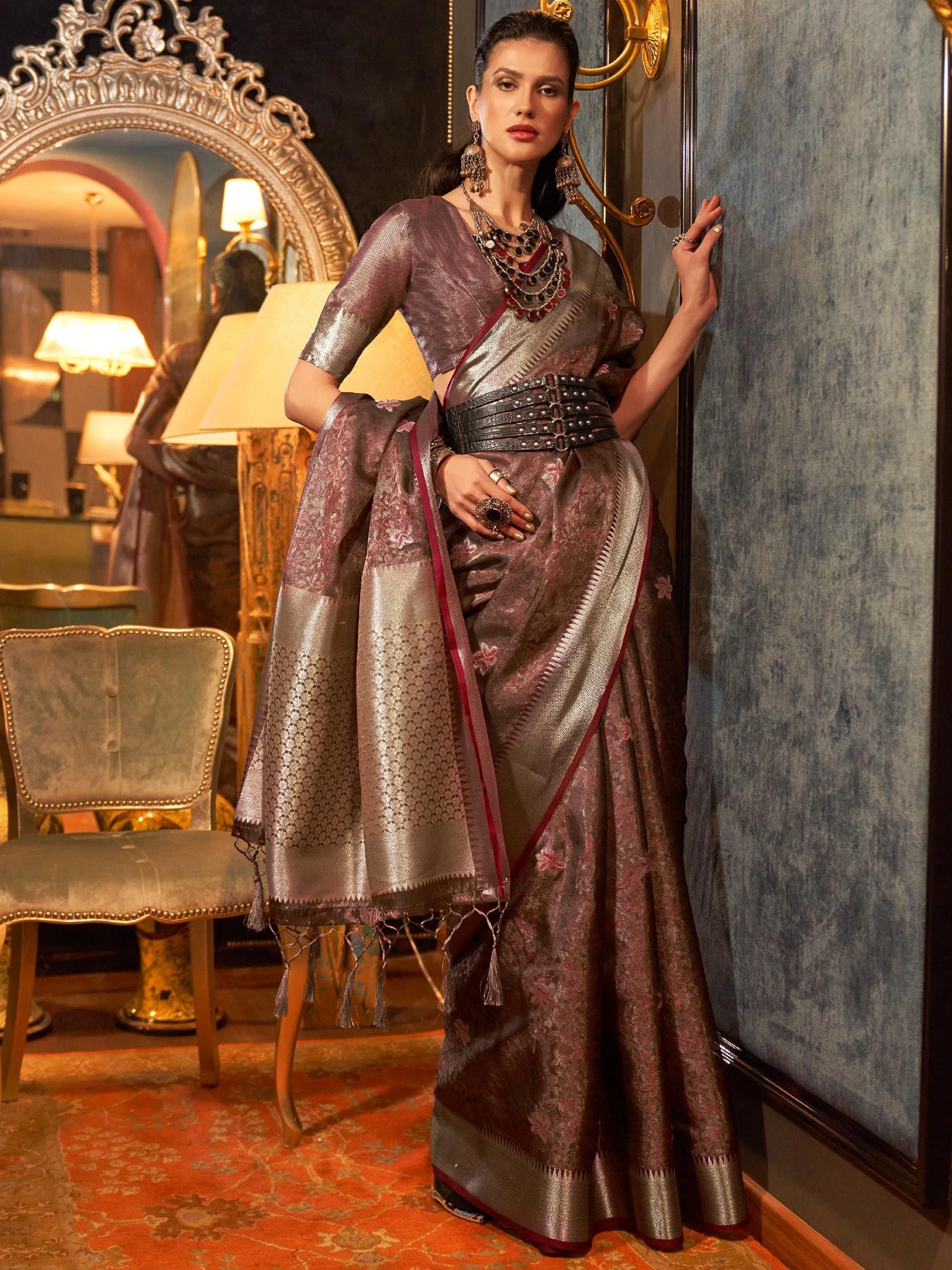 Brown Organza Saree With Zari Weaves 3 Brown Organza Saree With Zari Weaves