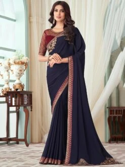 Blue Wedding Wear Saree With Embroidered Border -Riwaayat Store p2104sr02 1
