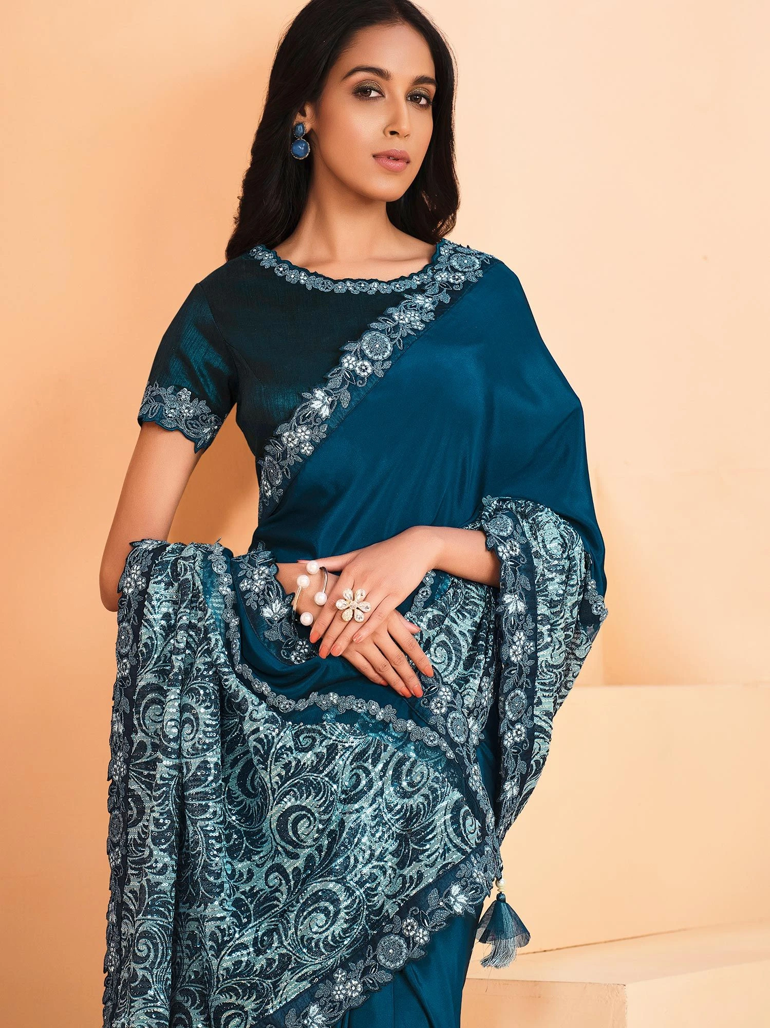 Blue Embroidered Cocktail Saree In Satin 4 Blue Embroidered Cocktail Saree In Satin - Image 2