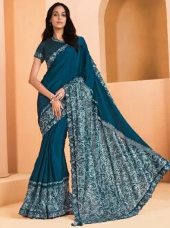 Blue Embroidered Cocktail Saree In Satin