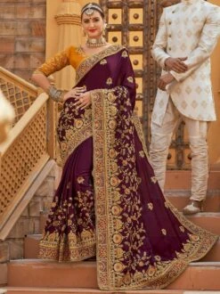 Purple Embroidered Border Bridal Saree