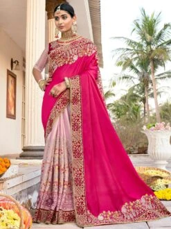Pink Embroidered Half N Half Bridal Saree