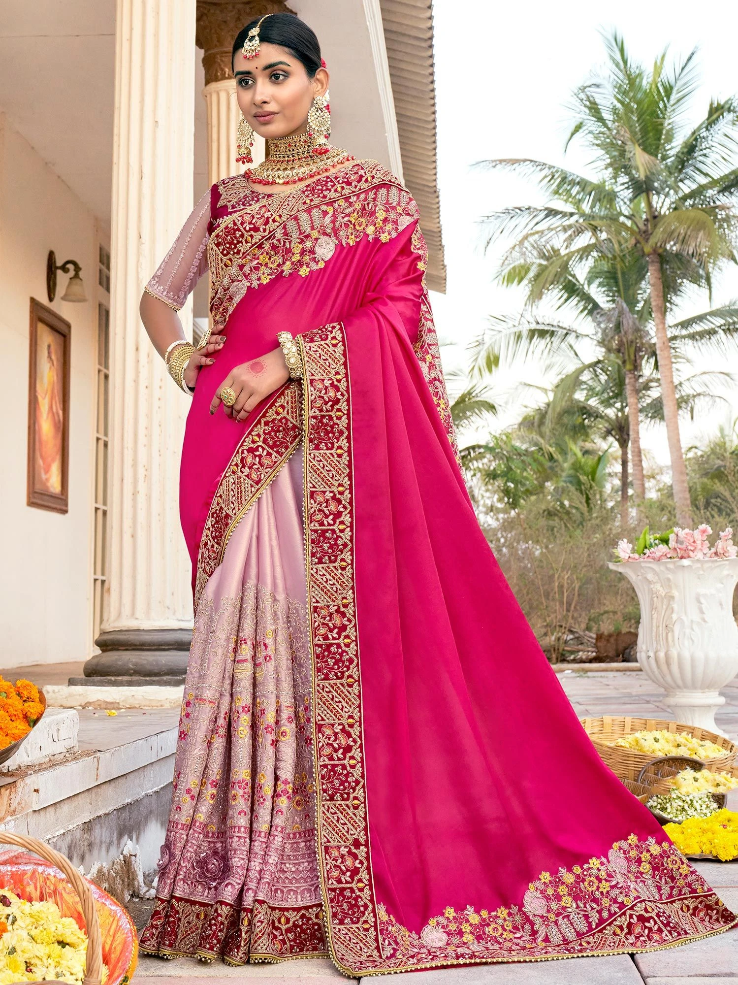 Pink Embroidered Half N Half Bridal Saree 3 Pink Embroidered Half N Half Bridal Saree