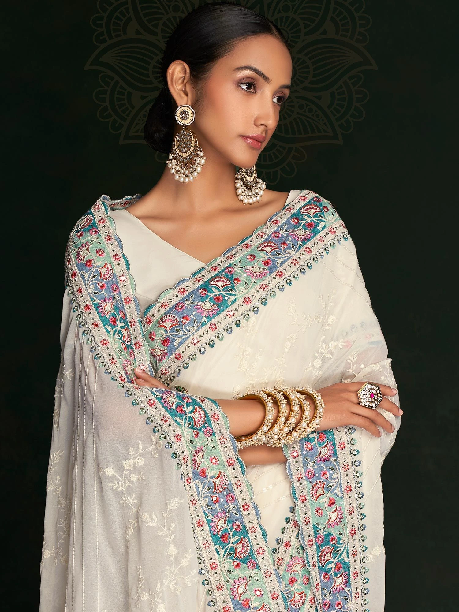 White Georgette Saree With Chikankari Work 4 White Georgette Saree With Chikankari Work - Image 2