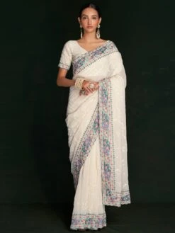 White Georgette Saree With Chikankari Work