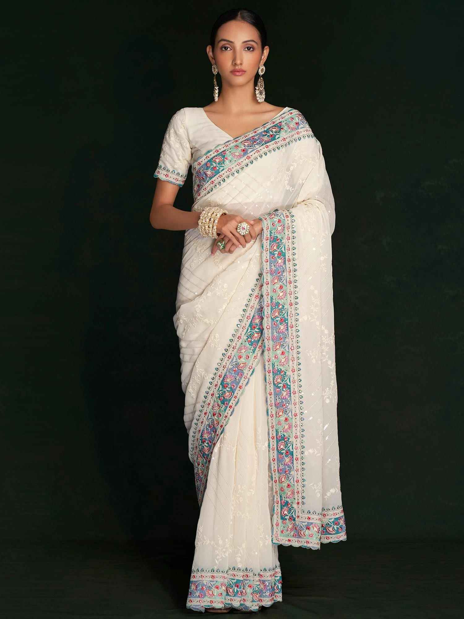 White Georgette Saree With Chikankari Work 3 White Georgette Saree With Chikankari Work