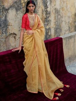 Yellow Printed Festive Saree In Organza