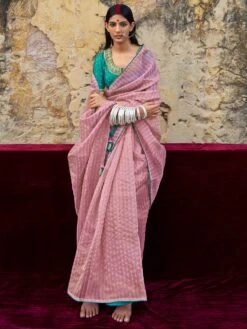 Pink Organza Saree With Embroidered Blouse