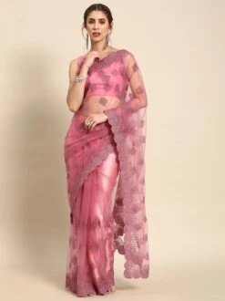 Pink Net Saree With Stone Embellishments