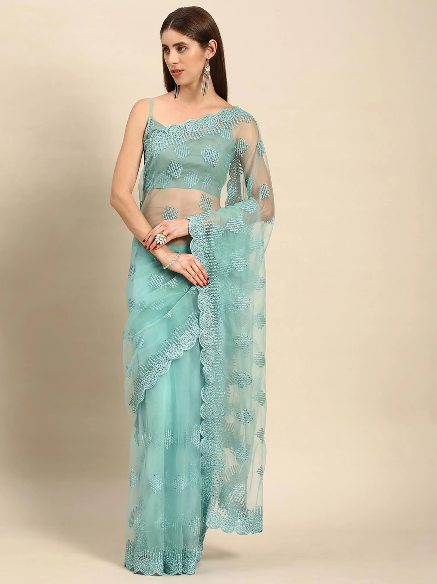 Turquoise Net Saree With Stone Embellishments 3 Turquoise Net Saree With Stone Embellishments