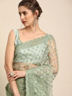 Green Embroidered Party Wear Net Saree -Riwaayat Store p2120sr06 1