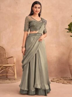 Grey Pre-Stitched Ruffle Saree In Satin