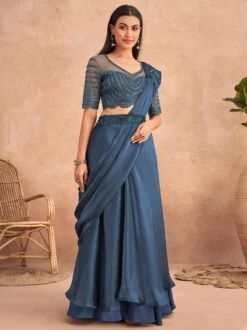 Blue Sequined Pre-Sticted Saree In Satin