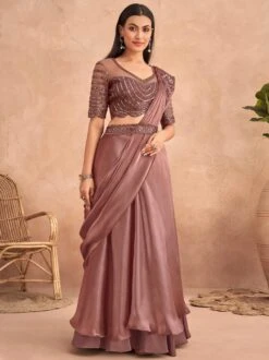 Brown Ruffle Satin Saree For Bridesmaids