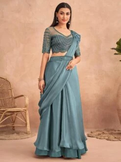 Blue Bridesmaid Ruffle Style Satin Saree