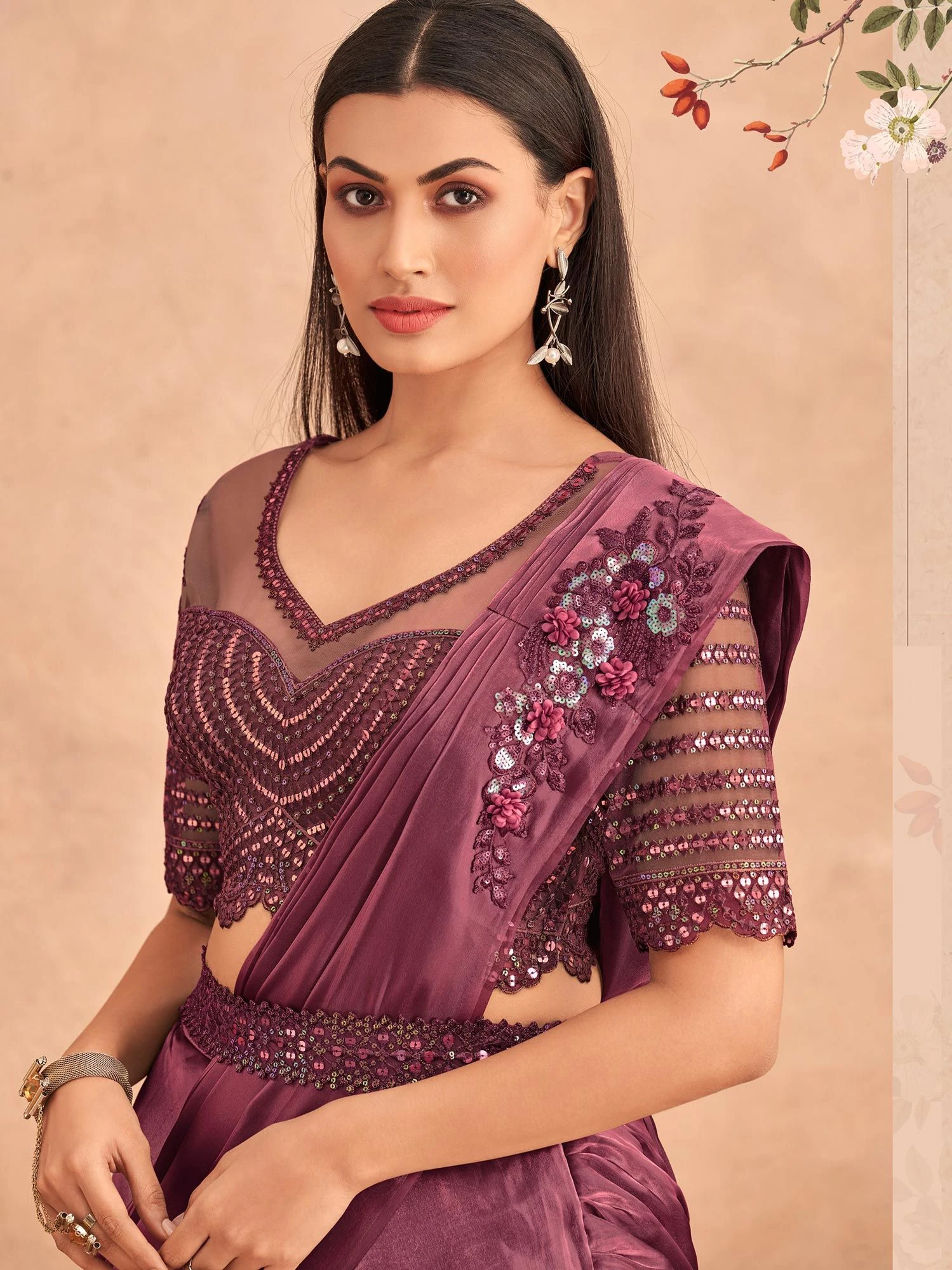 Magenta Pre-Stitched Satin Saree With Embroidery 4 Magenta Pre-Stitched Satin Saree With Embroidery - Image 2